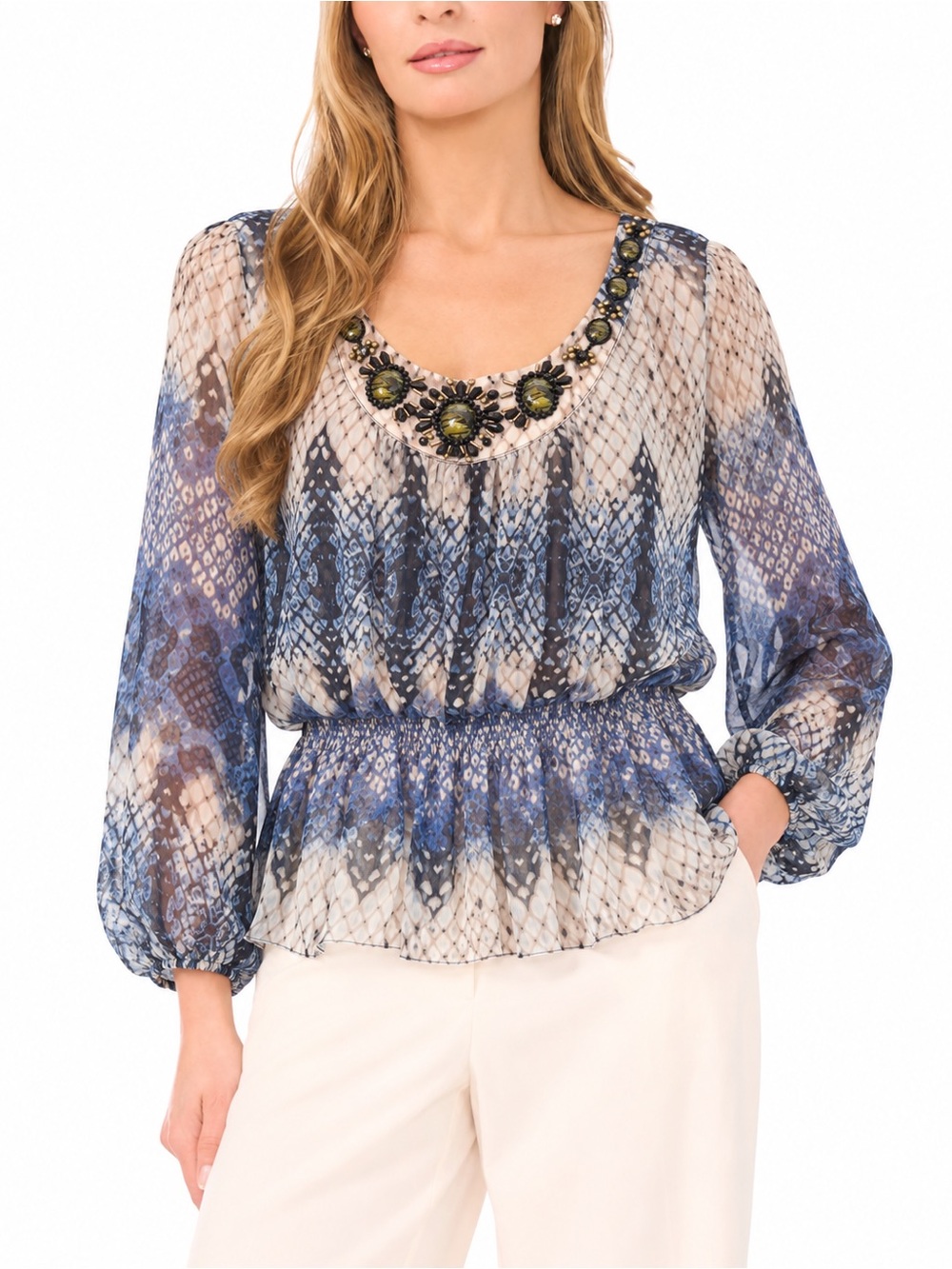 Vintage Caché Snake Print Embellished Sheer Blouse Top Blue L Y2K Boho Glam
